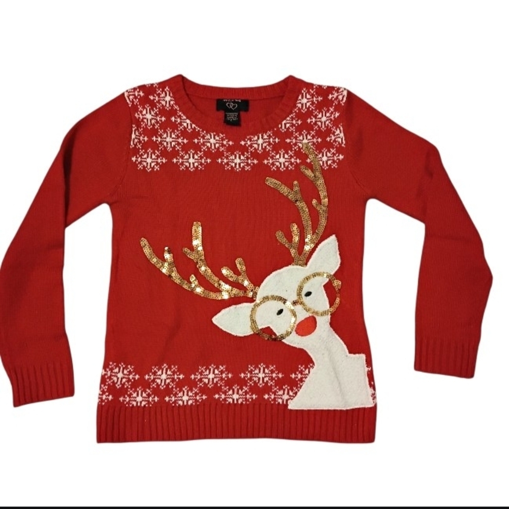 It's Our Time Red Sweater with Gold Reindeer Girls Size Large
